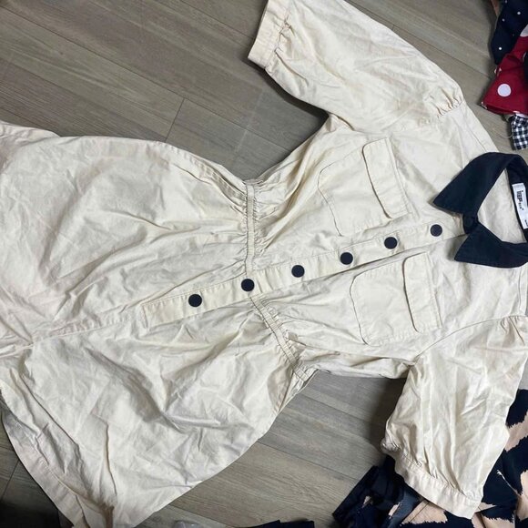 Pants - Cream Utility Shirt Romper with Black Collar and Button Details